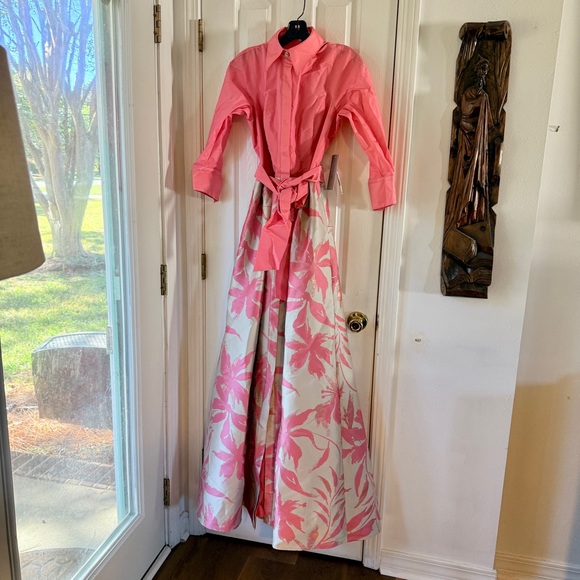 Teri Jon by Rickie Freeman Floral Taffeta Shirt Dress Gown Salmon Pink 4 - Picture 7 of 14